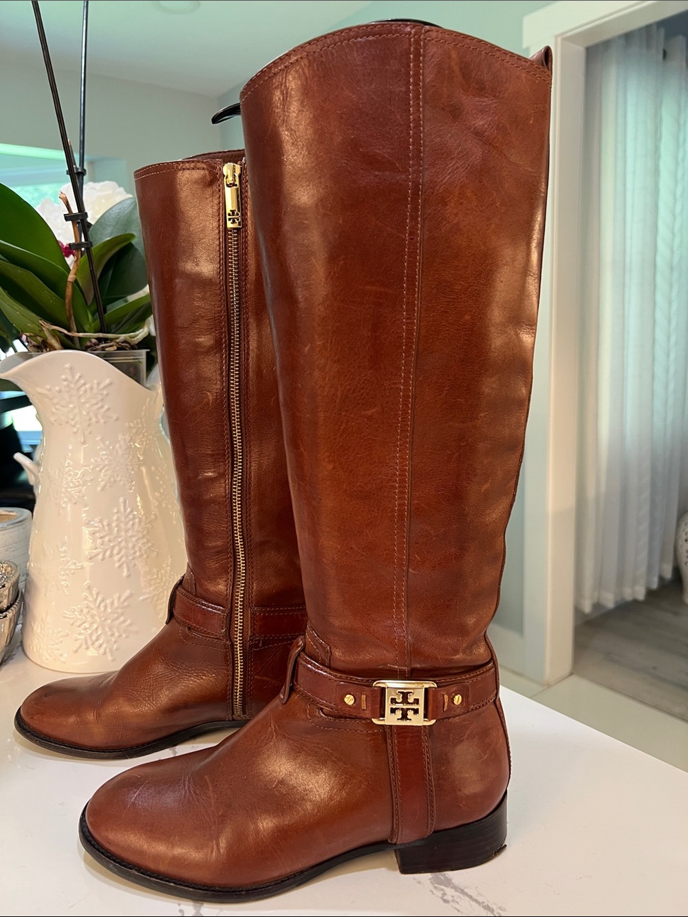 Tory Burch Chestnut Leather Riding Boots with Gold Logo Buckle size 7 - Picture 6 of 16